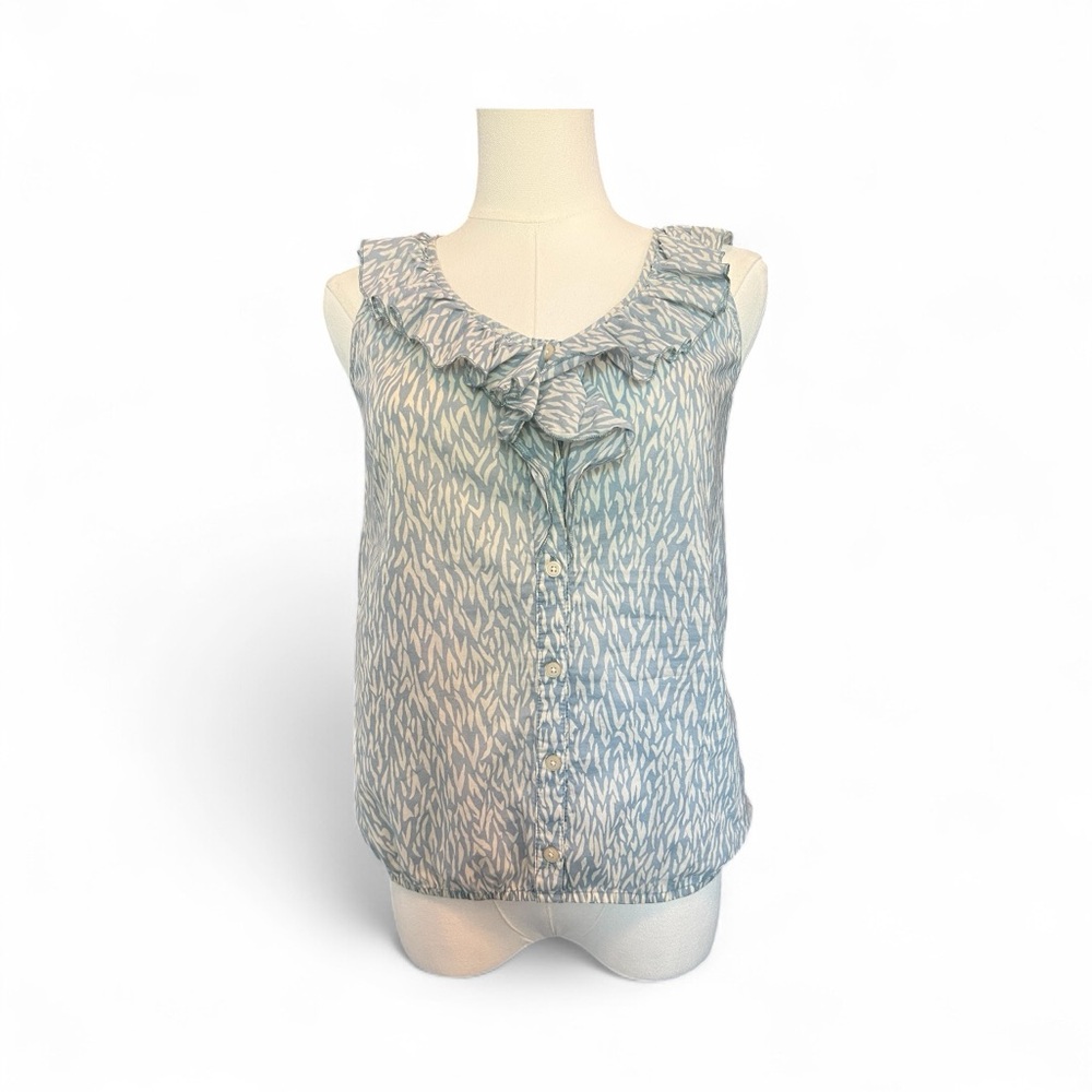 💙🤍 EUC LOFT Blue & White Abstract Ruffle Collar Sleeveless Blouse | Sz XXSP